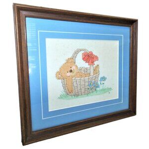 Vintage Framed Counted Cross Stitch Teddy Bear Basket Blue Matting Signed